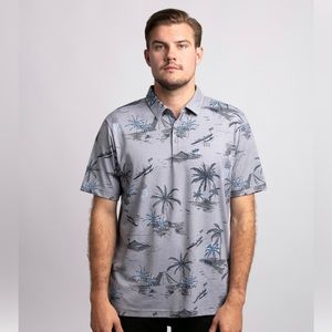 Travis Mathew Bay Breeze Polo Shirt Mens M Gray Golf Hawaiian Floral Pima Blend